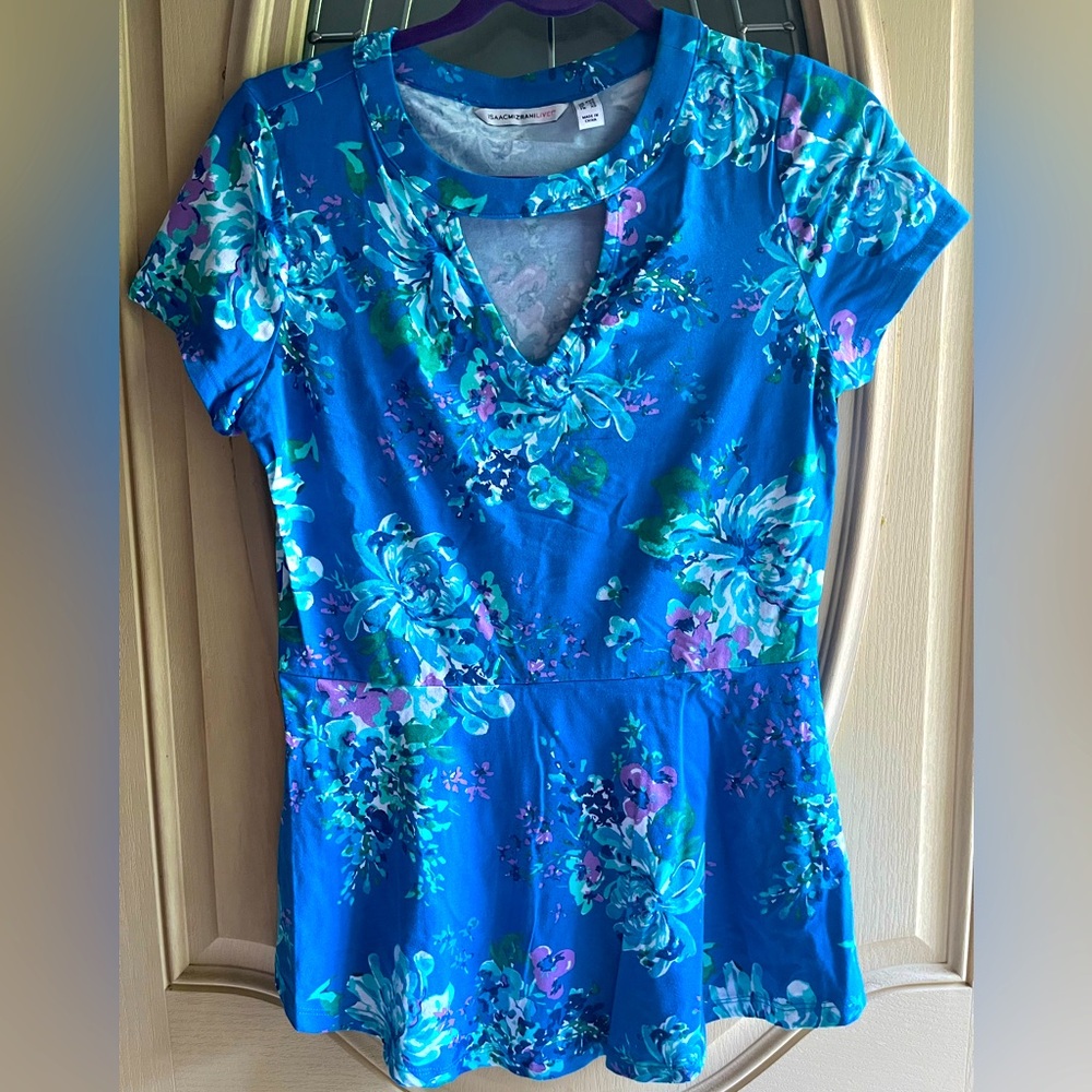 Isaac Mizrahi floral peplum top blue multi XXS.